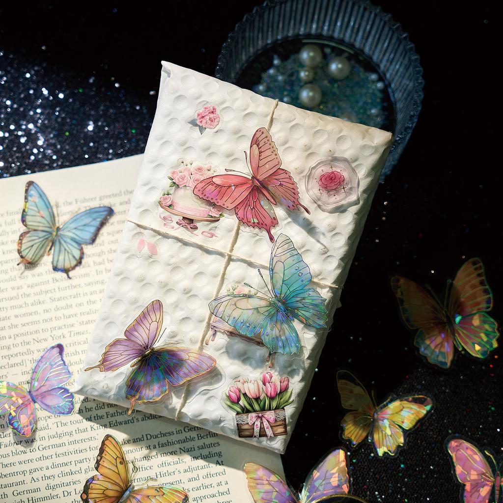 20 pcs Cold Foil Butterfly PET Stickers, Holographic Card Decor, 3D Journal Embellishments