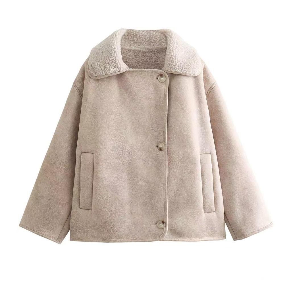 European and American Style Women's Lambswool Shearling Coat with Turn-down Collar