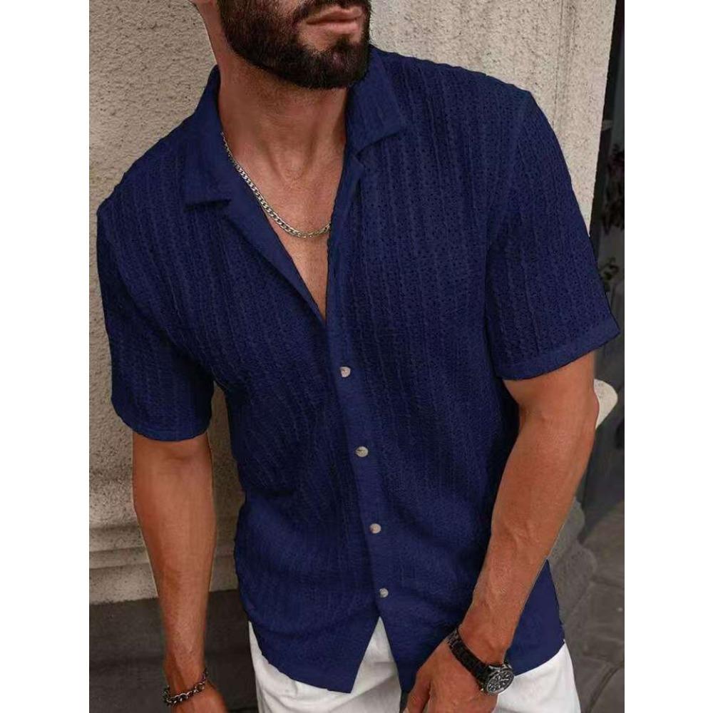 Men's Casual Knitted Shirt for Summer New Solid Color Lapel Hollow Breathable Short-sleeved Top