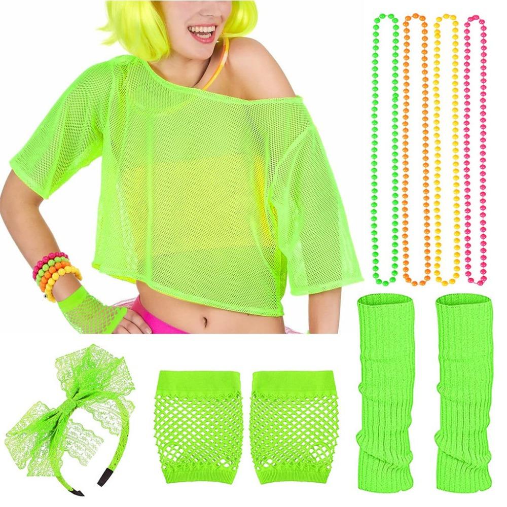 Leg Warmers Fishnet Shirt Necklace Set Gloves Choker Necklace for 80s Theme Party Costumes