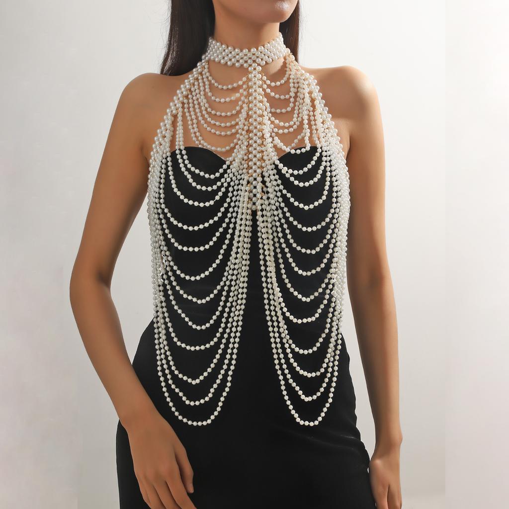 Jewelry Handmade Woven Pearl Shoulder Chain Bra Chain Tassel Multi-layer Necklace Women's Body Chain