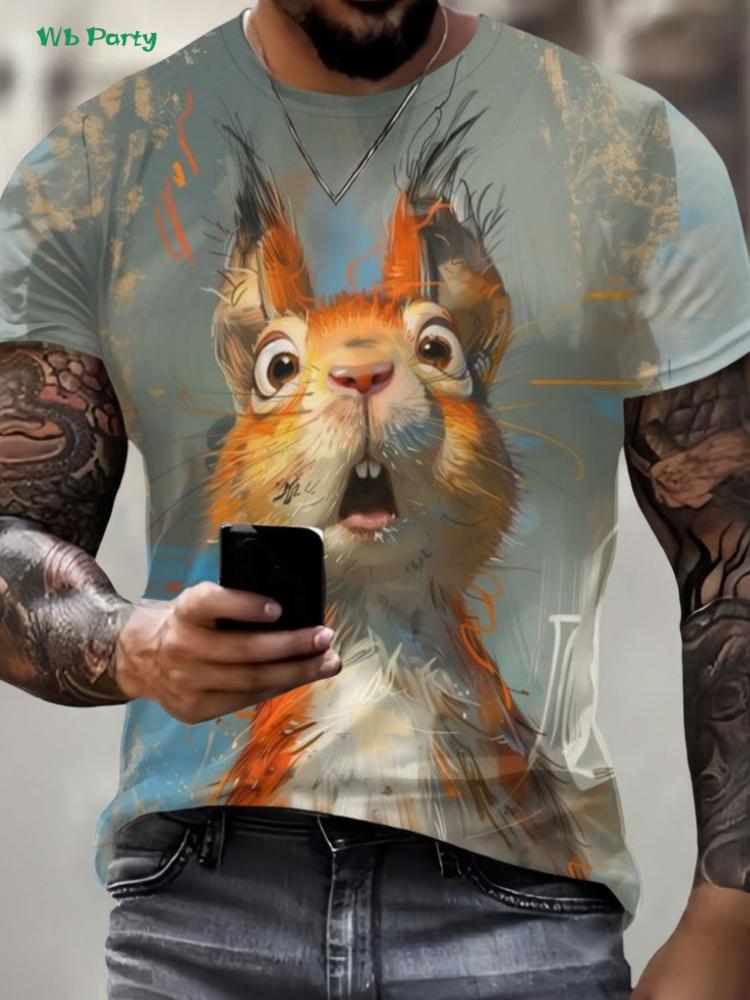 Squirrel Dog Bee Pattern T-Shirt Fun Animal 3D Printed Short Sleeve Tees Fashion Street O-Neck T Shirts Oversized Men's Clothing