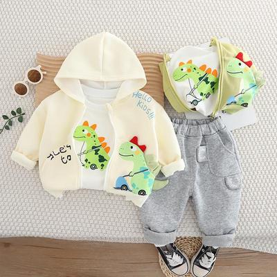 Детская куртка с длинными рукавами и принтом динозавра из мультфильма для мальчиков, комплект из трех предметов, капюшон + белый топ с круглым вырезом + повседневные брюки