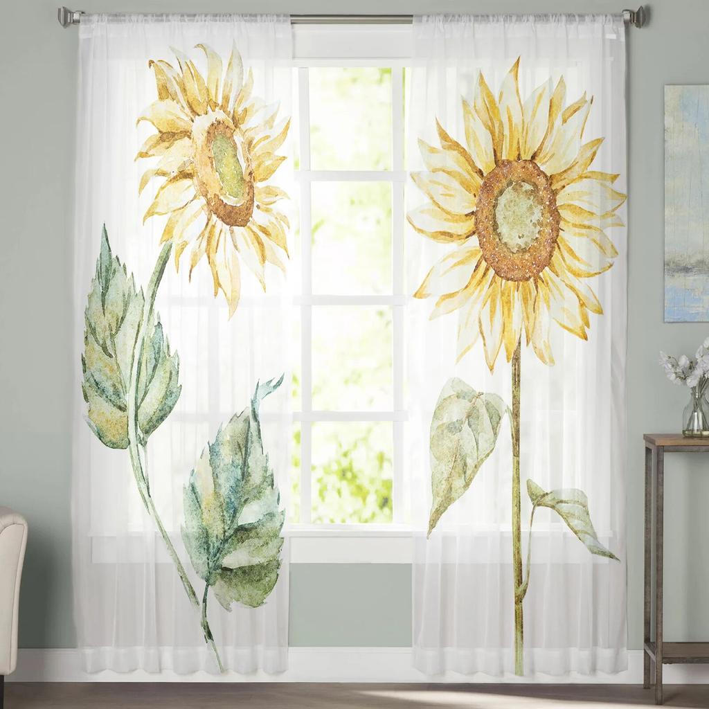 Sunflower Watercolor White Sheer Curtain for Bedroom Tulle Voile Curtain for Kitchen Living Room Decor Window Treatment
