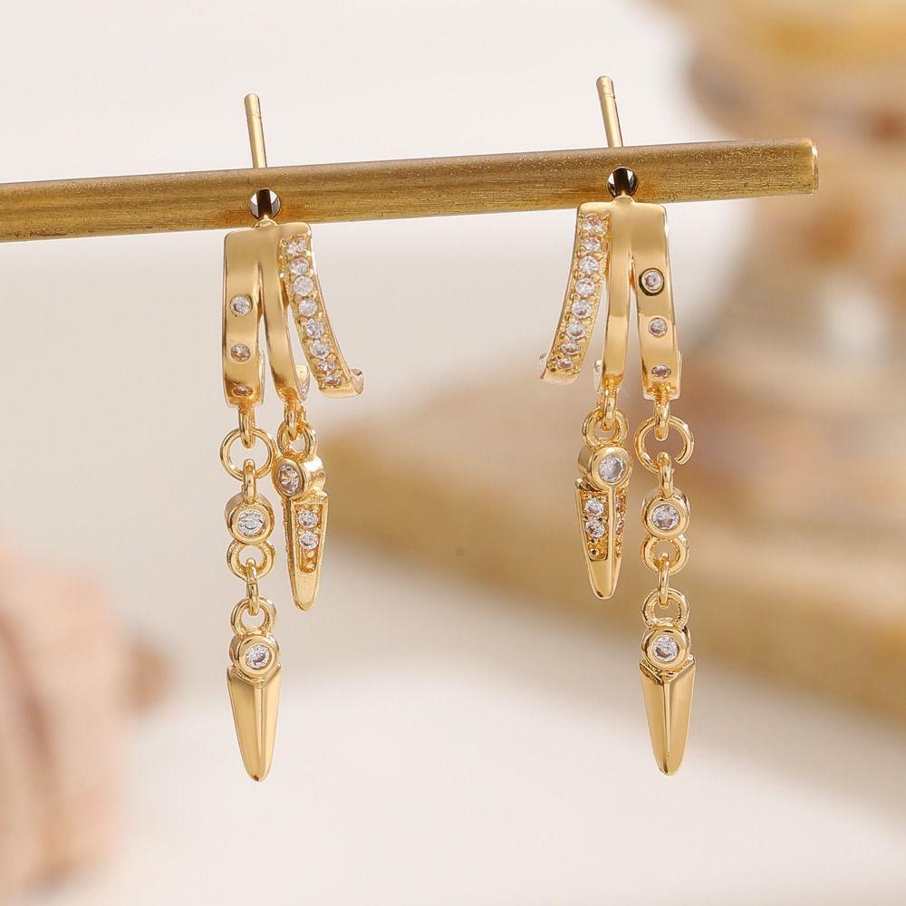 Sparkling CZ Triple Stud Earrings Hypoallergenic Stainless Steel Statement Chain Earring Micro-inlay Zircon Dainty Drop Earrings
