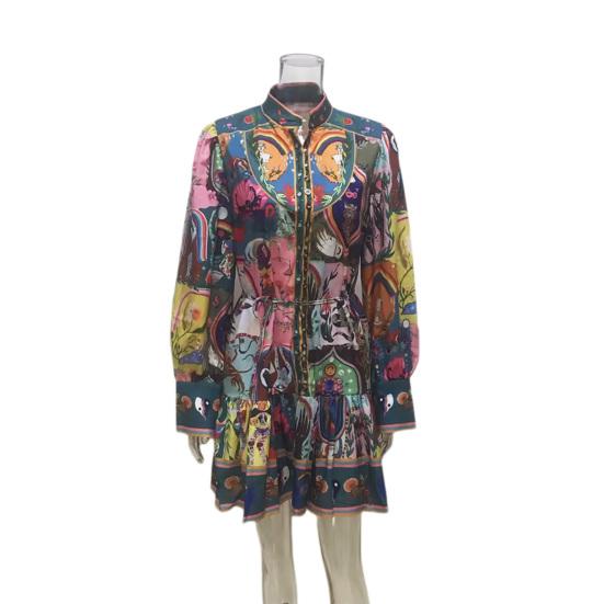 Fall Summer Women Dress Stand Collar Single-breasted Long Lantern Sleeves Slim Waist Vintage Ruffle Edge Colorful Print Mini Dress
