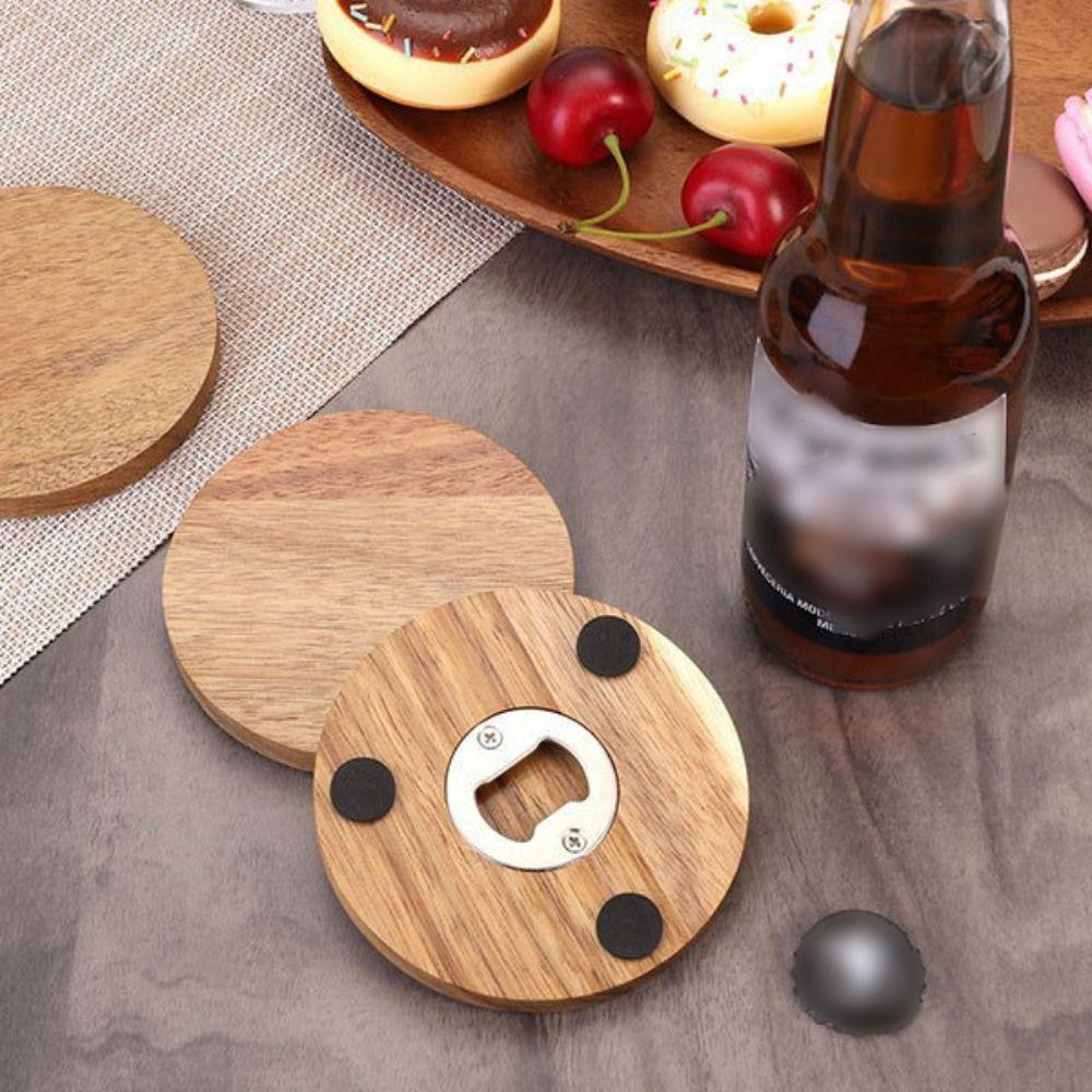 6PCS 2 in 1 Wood Coaster with Bottle Opener Non-Slip Round Insulated Cup Pad with Storage Rack Party Cup Mat Set Bar