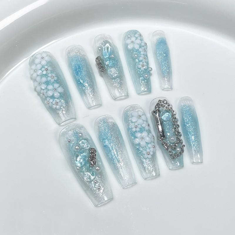 Handmade Press-On Nails Long Coffin Shape With Ocean Blue Ombre Floral Design Sparkle Glitter Women