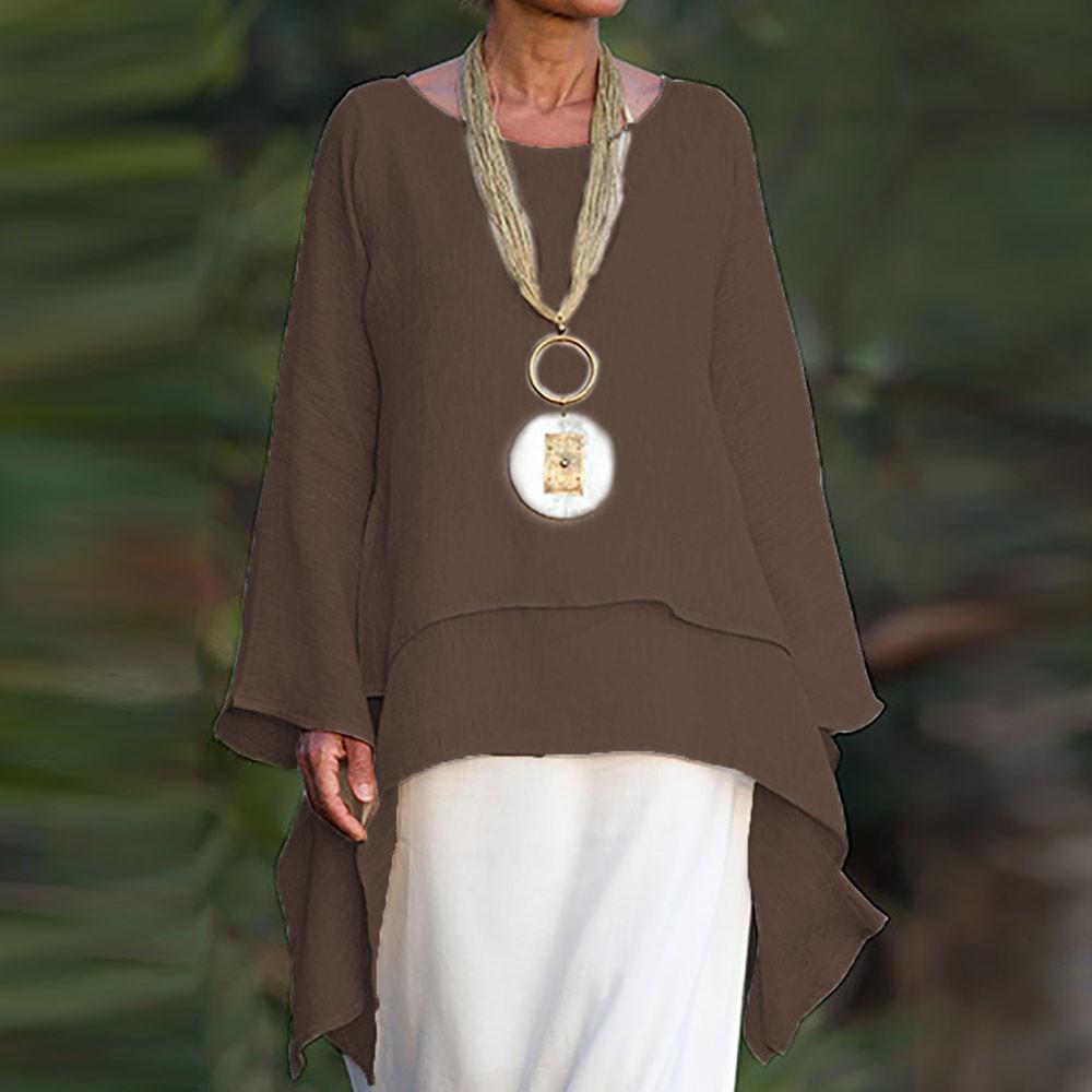 Women Fashion Plus Size Irregular Casual Linen Long Sleeve Neck Blouse