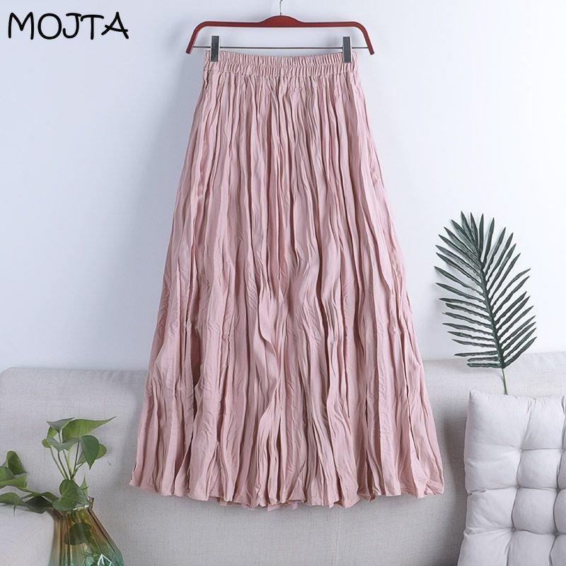 MOJTA Women's Mid-length Skirt Spring Summer Elastic High Pleated Waist Skirt A-line Skirt