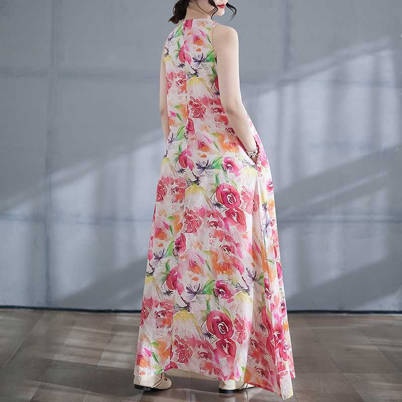 Новое бохо длинное платье лето новый стиль добавить жир для увеличения без рукавов с круглым вырезом принт платье