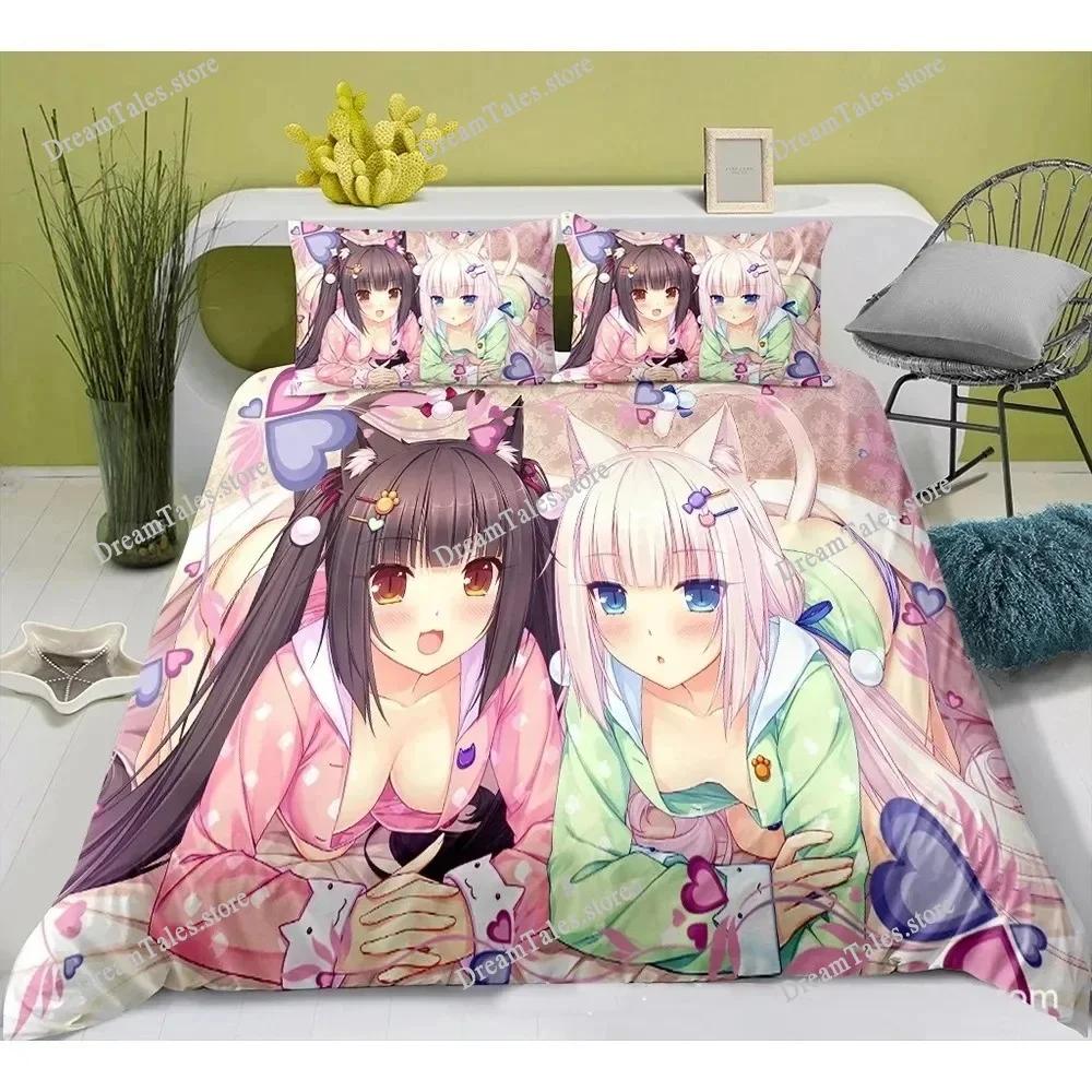 Милый аниме-кот горничная узор NEKOPARA Комплект постельного белья Игровой принт Пододеяльник и наволочка Декор для спальни для отаку подростков741