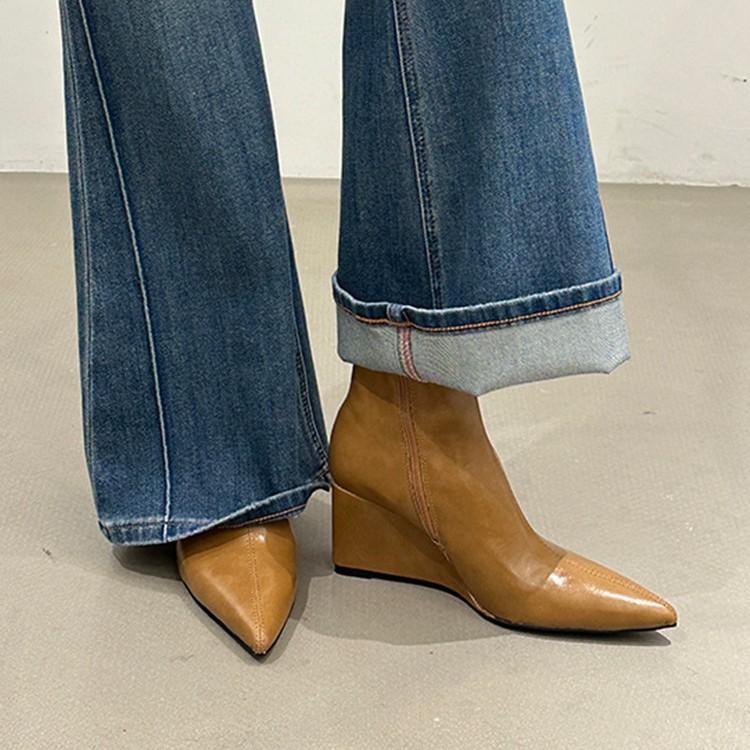 Pointed Short Boots Women's New Boots 2025 Autumn and Winter New European Beautiful Women's Boots High Heel Short Boots Wedge Heel Thin Boots