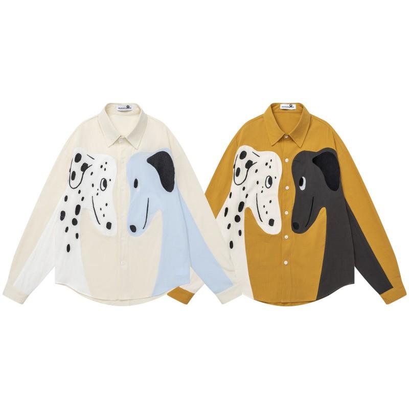 American Vintage Casual Shirt Dog Embroidery Color Block Loose Fit Couple Long Sleeve Top Men Women