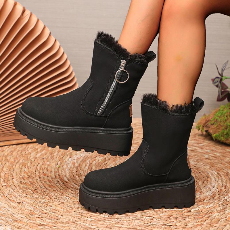 Fashion Chunky Platform Furry Suede Snow Boots Women 2025 Winter Thick Bottom Fluffy Fur Ankle Boots Side Zip Warm Plush Women's Shoes