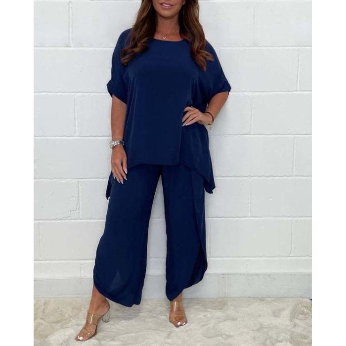 Женский комплект: однотонная свободная футболка с короткими рукавами и круглым вырезом, повседневные брюки с эластичной резинкой на талии, 2 шт./комплект