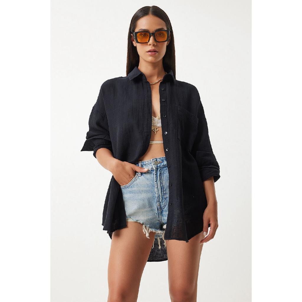 Oversize Basic Muslin Shirt Navy Blue
