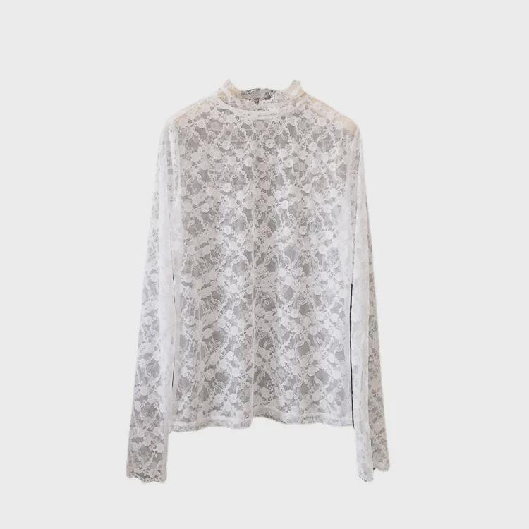 2024 Тонкий корейский кружевной сетчатый пуловер - полувысокий воротник, телесный цвет