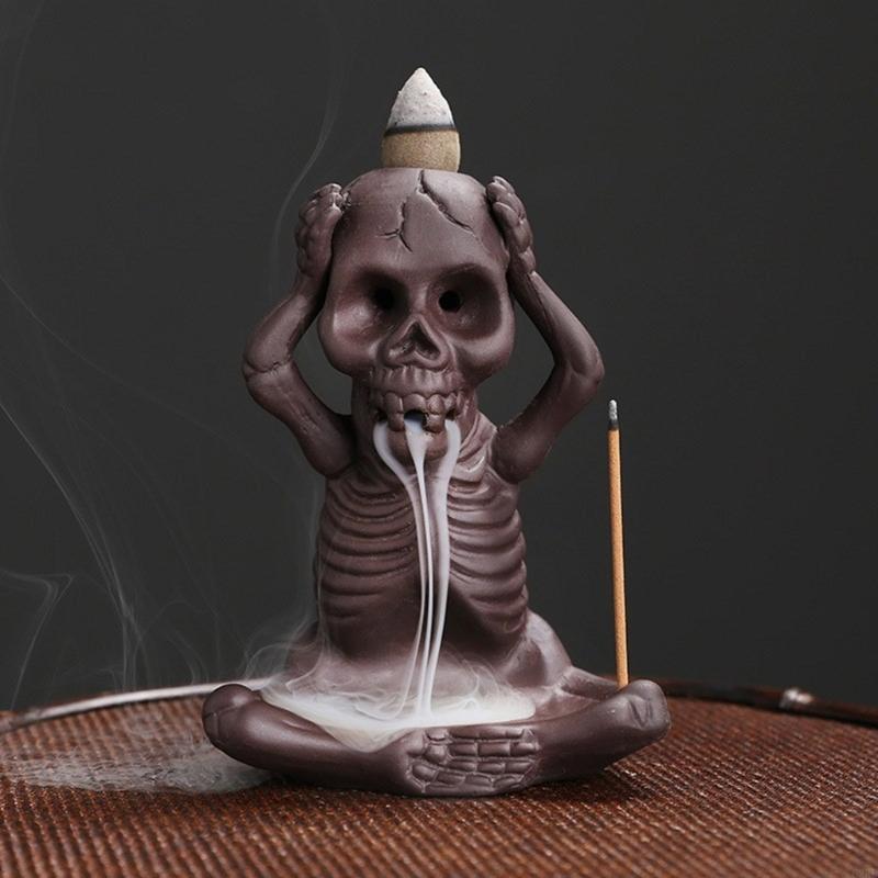 62KD Waterfalls Effect Ceramics Skull Backflow Incenses Burners Home Decorative Craft for Meditations and Home Ambiances