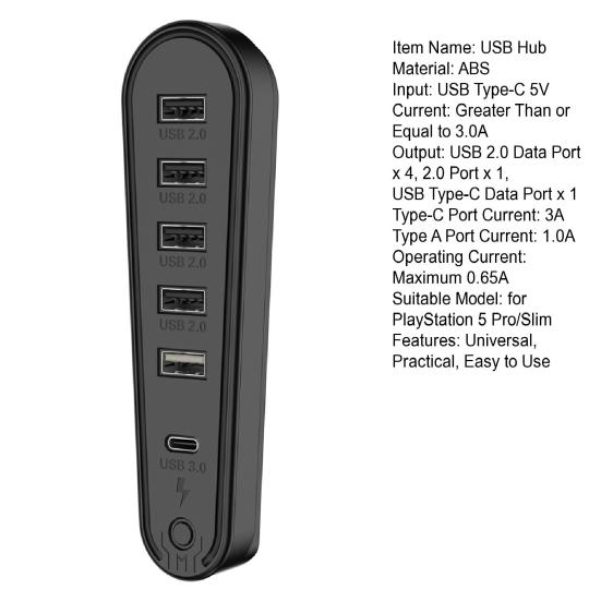 6-портовый USB-концентратор с RGB-подсветкой, подключение и использование без установки драйверов, удобная передача данных, пользовательский интерфейс. USB-концентратор расширения для PS 5 Pro/PS5 Slim.