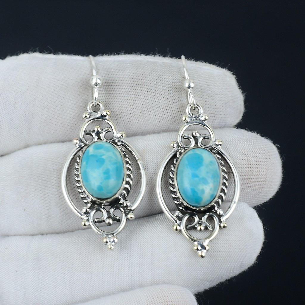 Серьги из натурального ларимара, серебряные серьги ларимар, серьги с овальным камнем ларимар, серьги из стерлингового серебра 925 пробы, серьги с драгоценными камнями, серьги с подвесками