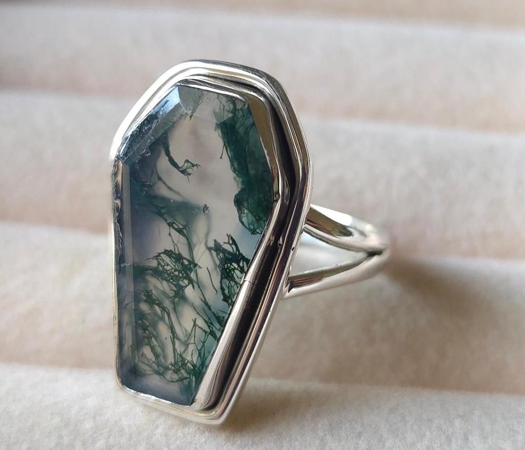 Coffin Ring, Moss Agate Ring, 925 Sterling Solid Silver Ring, Handmade Jewelry, Boho Ring, Green Gemstone Ring, Statement Ring, Promise Ring
