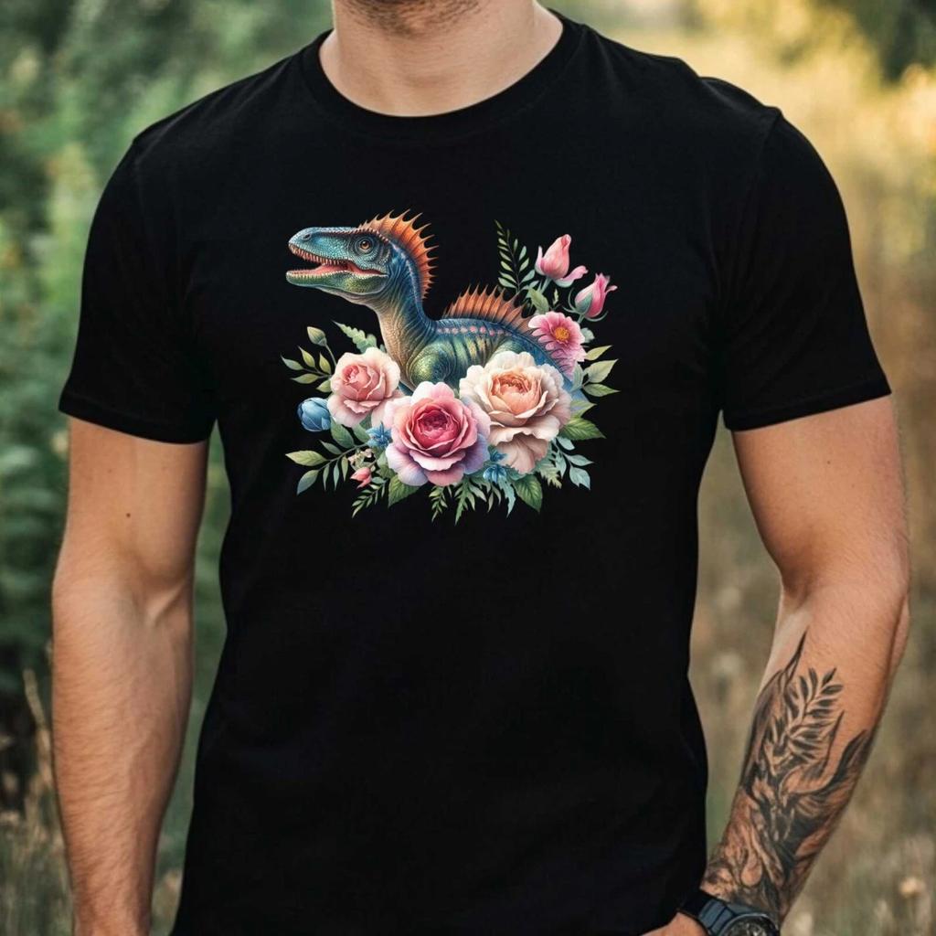 T-Shirt Herren Dino mit Blume Motiv Baumwolle Größe XS bis 5XL