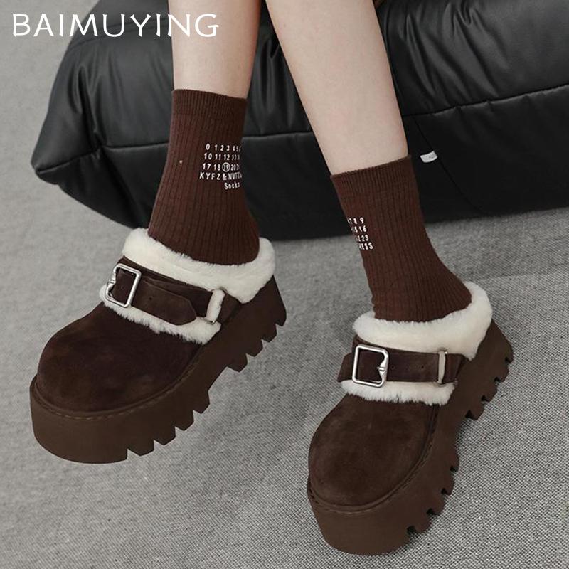 Fur Platform Women Cotton Slippers Suede Short Plush High Heels Mules Shoes 2025 Trend Warm Casual Buckle Winter Botas De Mujer