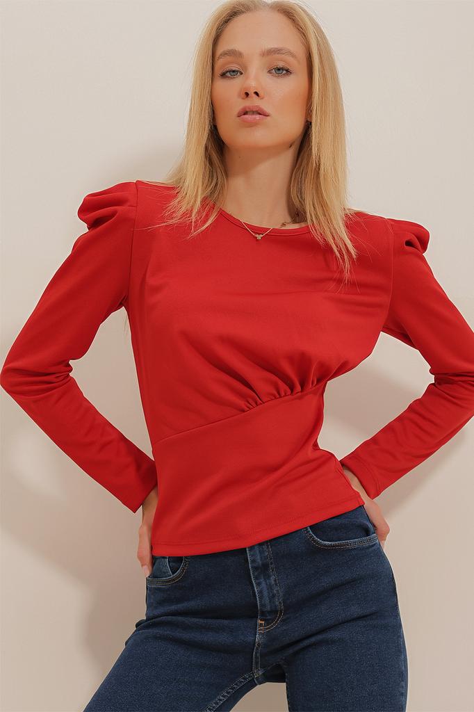 Women's Blouse New Season Fashion Red Crew Neck Princess Sleeve Front Gathering Detailed Crep Knitted Blouse