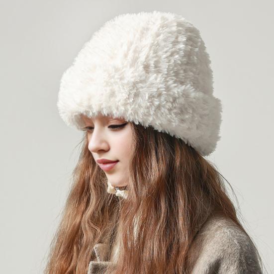 Women Winter Hat Fuzzy Faux Fur Brimless Solid Color Dome Windproof Warmth Sun Protection Knitted Cap Outdoor Travel Headwear