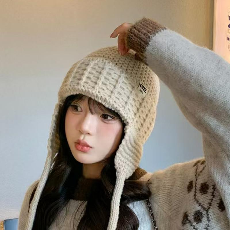 Женская модная осенне-зимняя универсальная шерстяная шапка в корейском стиле, с защитой ушей и теплая, милая вязаная шапка с шерстяным помпоном, шапка-пуловер от холода