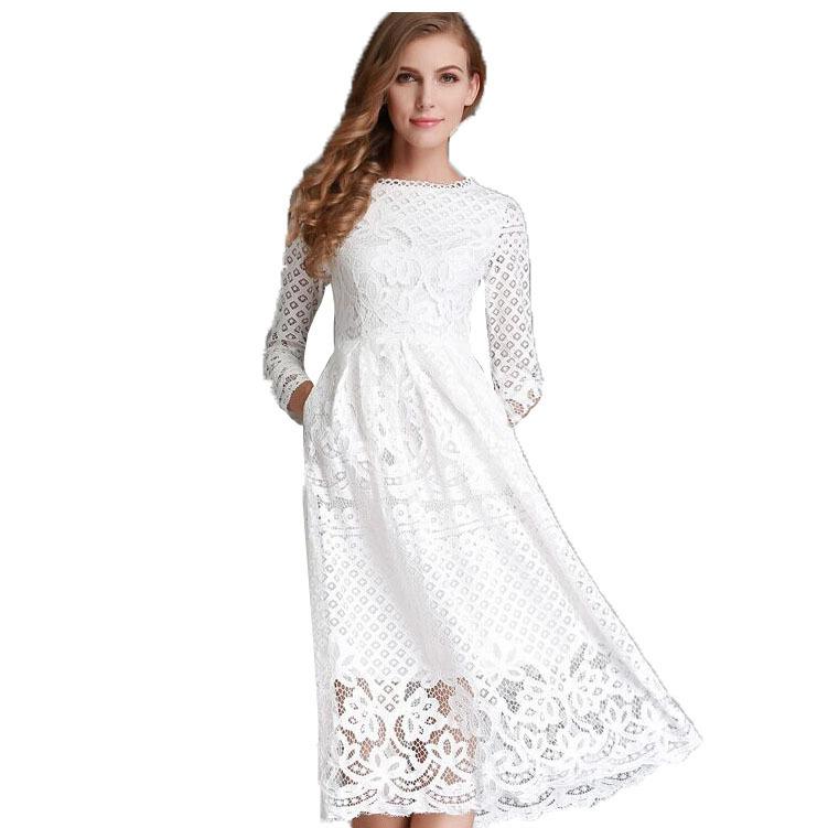 Women's Summer Round Neck Hollow Simple Lace Long Sleeve Slim Midi Dresses
