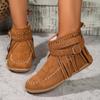 Ladies Casual Vintage Solid Color Fringe Booties Comfortable Flat Mid Cylinder Round Head Plus Taupe Boots for Women with Heel