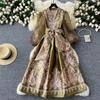 New Autumn Paisley Flower Print Holiday Dress Boho Women V Neck Lantern Sleeve Lace Up Pockets One Piece Long Vestido