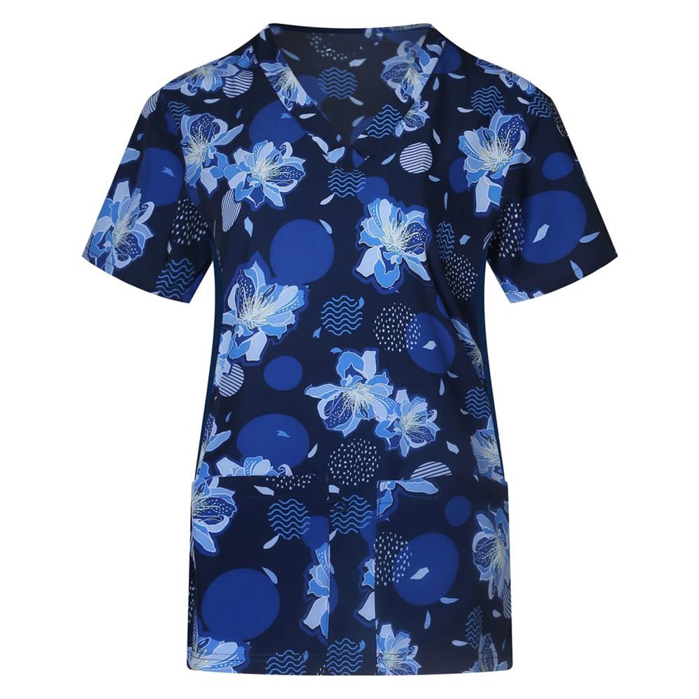 Женские топы с короткими рукавами и карманами, рабочая униформа, футболки с принтом «Цветок и кошка», униформа, халаты с короткими рукавами для женщин