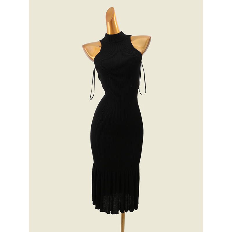 Foreign Trade Original Order Pure Desire Beauty Back Dress Pleated Fishtail Narrow Shoulder Hanging Neck Knitted Vest Skirt Women