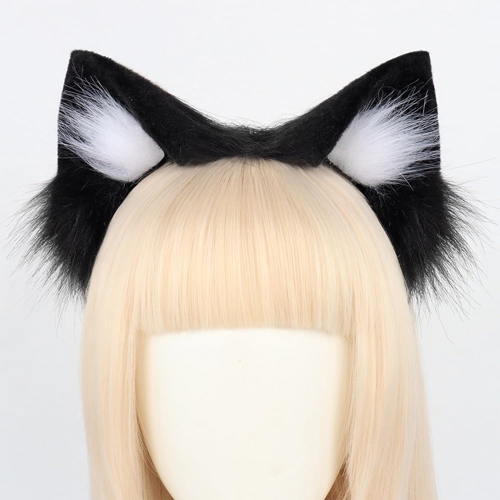 Кошачьи ушки Уши для кошек животных Пушистые ушки Повязка для волос Аксессуары для костюмов Кошачий костюм Аксессуары для волос Товары для мероприятий Школьный фестиваль [Solxion] (Чернить &