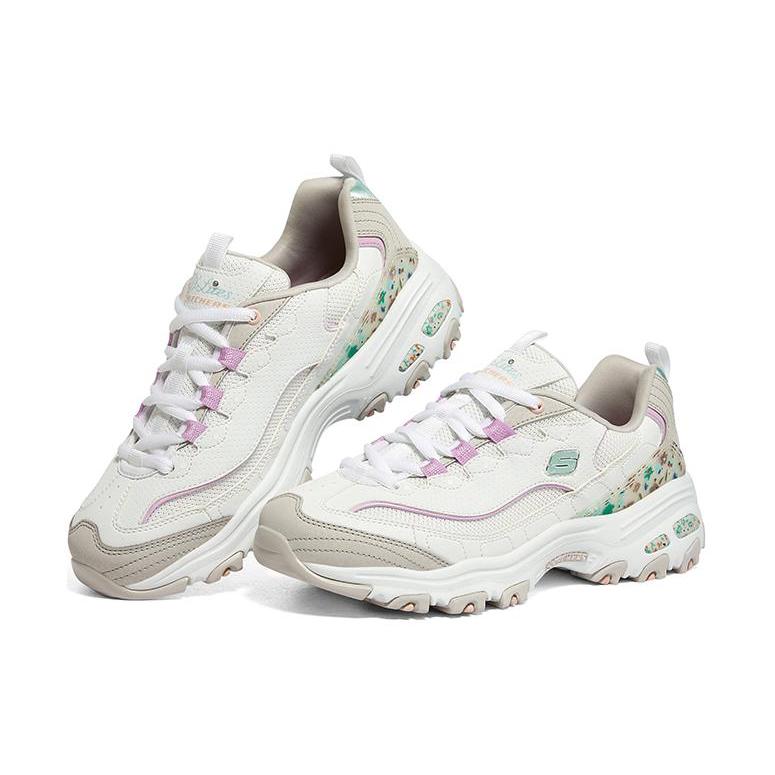Skechers D'Lites 1.0 Кожа, Сетка Шнуровка Низкие Кроссовки на Толстой Подошве Женские Белый Серый Розовый 149642-WMLT