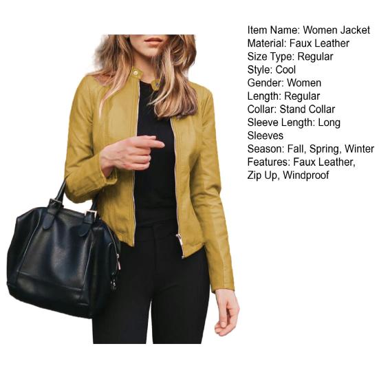 Женская осенне-весенняя куртка из гладкой искусственной кожи, сплошной цвет, на молнии с длинным рукавом, ветрозащитный воротник-стойка, облегающее женское мотоциклетное пальто
