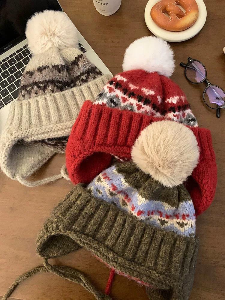 Женская вязаная шапка-бини с ушками в стиле Fair Isle - Теплая толстая шапка для осени и зимы