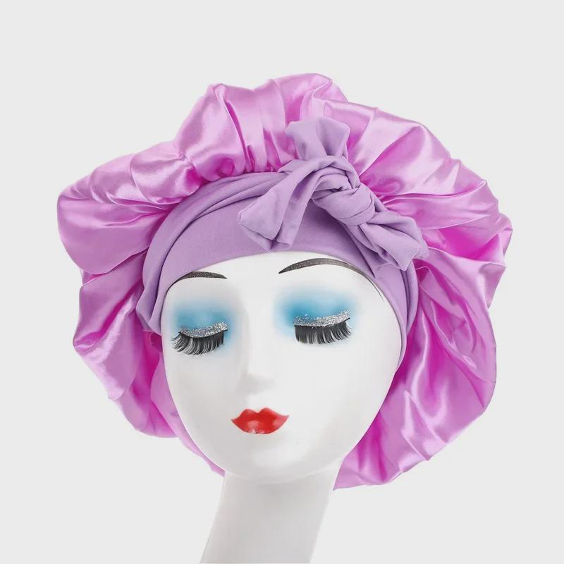 High Elastic Satin Nightcap with Wide Brim & Bow for Salon Hair Care