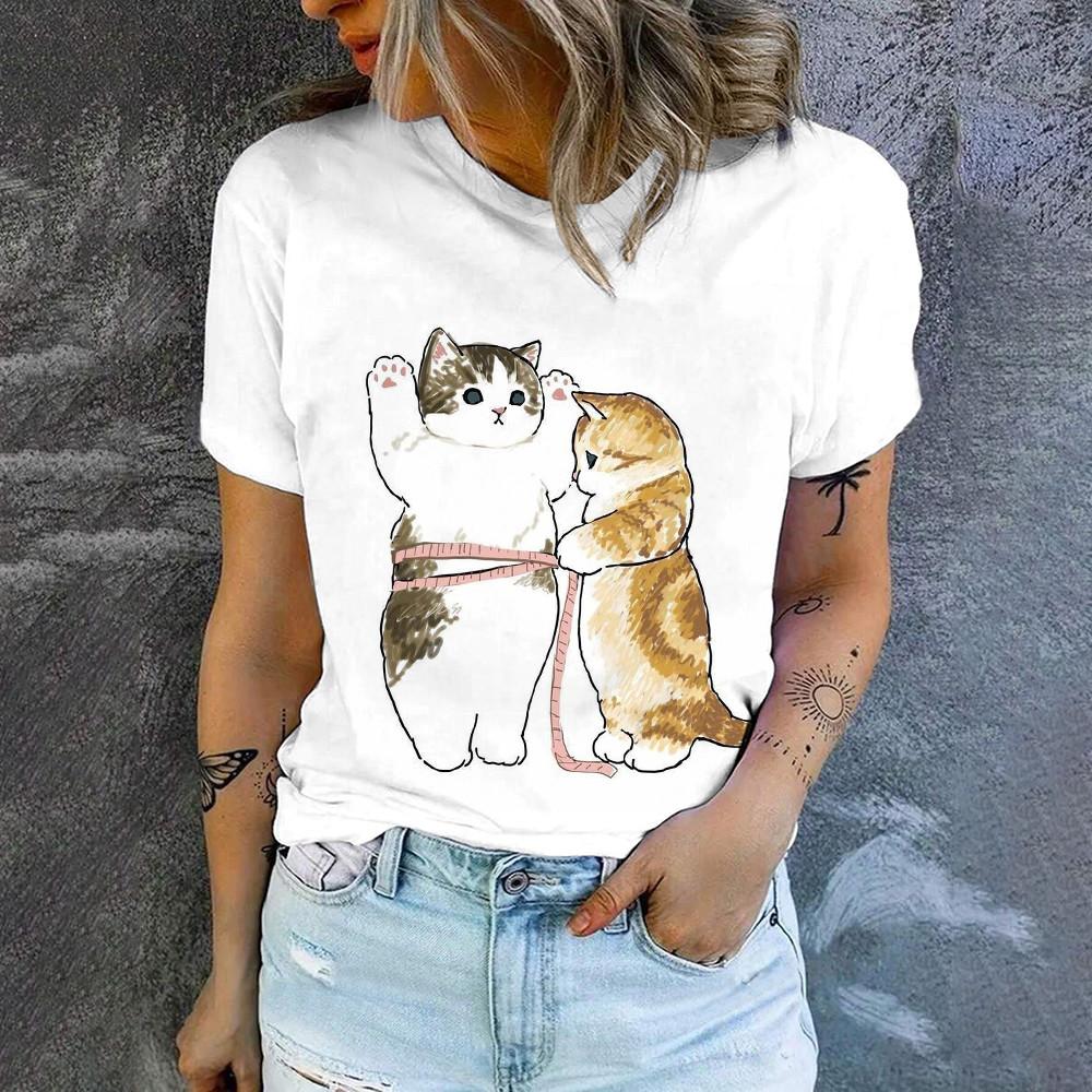 Cute Cat Print High Quality Short Sleeve Street Fashion Loose Round Neck T-shirt Summer New Casual Comfortable Women's T-shirt