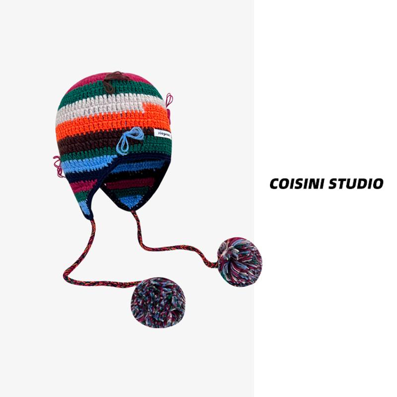 Корейские контрастные цветные полосатые вязаные шапки для женщин осень-зима модные теплые универсальные милые помпоны для защиты ушей