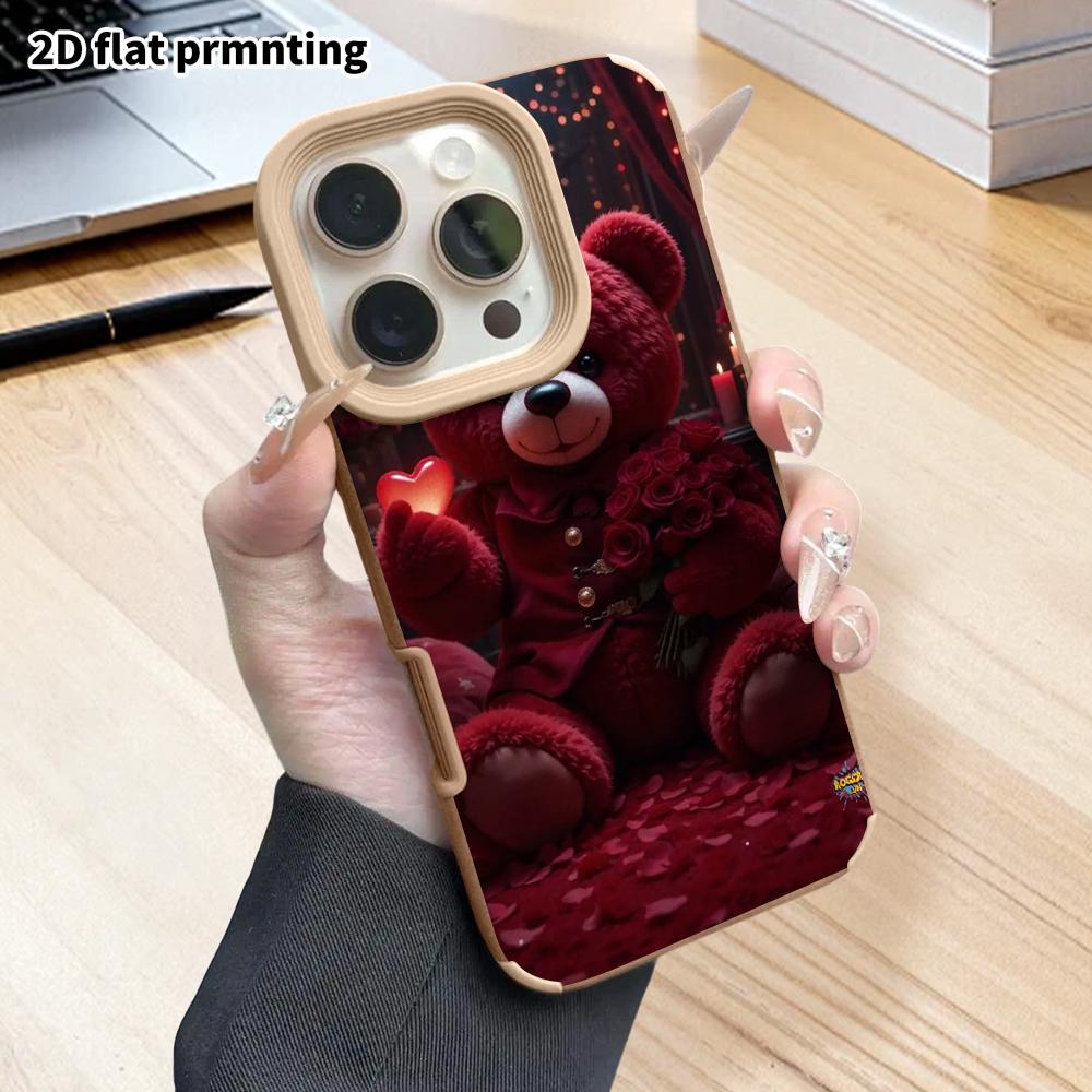 Phone Case: 2D flat lambskin suitable for iPhone 18 17 16 15 14 13 Pro protective case, heart-shaped bear, Christmas and Halloween gifts