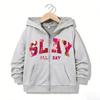 Kids Zip Up Hoodie SLAY ALL DAY Floral Letter Graphic Print Long Sleeve Loose Hooded Jacket Casual Street Sweatshirt
