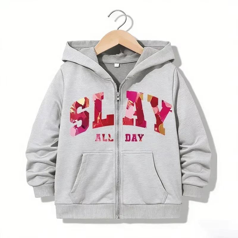 Kids Zip Up Hoodie SLAY ALL DAY Floral Letter Graphic Print Long Sleeve Loose Hooded Jacket Casual Street Sweatshirt