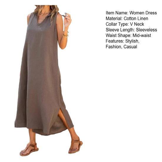 Женское хлопковое льняное платье макси, повседневное, с V-образным вырезом, без рукавов, свободное, летнее платье-майка