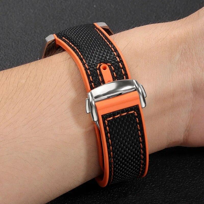 20mm 22mm Rubber Nylon Silicone Watch Band For Omega GMT Planet Ocean Seamaster Diver 300 Curved End Orange Watch Strap