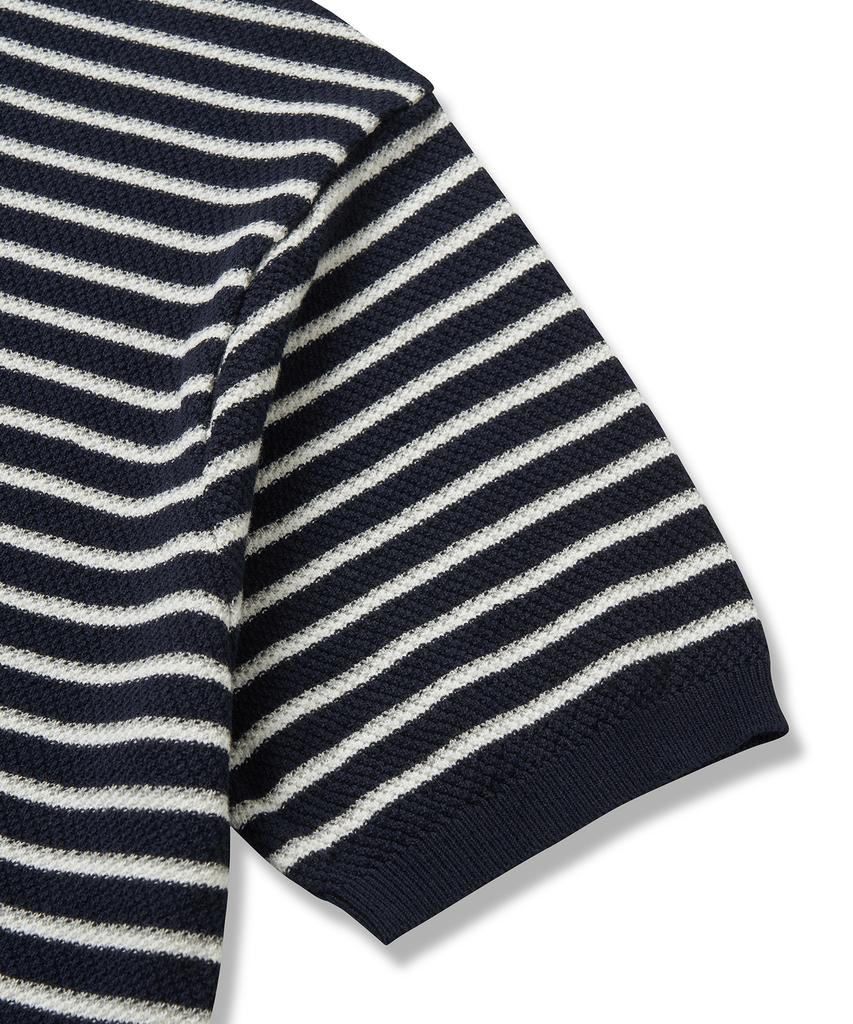 CUZNELLO Multi-Stripe Polo Short Sleeve Knit_Navy