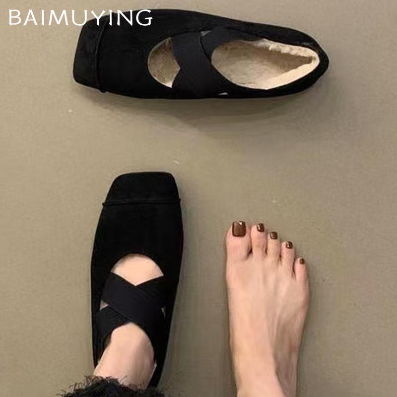 Замшевые туфли для танцев с квадратным носком, короткие плюшевые туфли на плоской подошве, повседневные хлопковые туфли 2025 года, трендовые мягкие зимние туфли для женщин Zapatillas